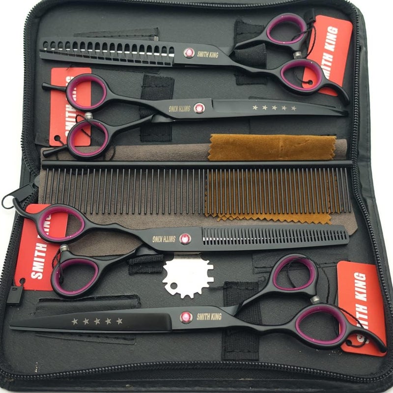 Smithking 7.0 inches Professional Dog Grooming Scissors Set Straight & thinning & Curved & chunkers & comb 5pcs in 1 Set for left-handed & right handed Black - Image 2